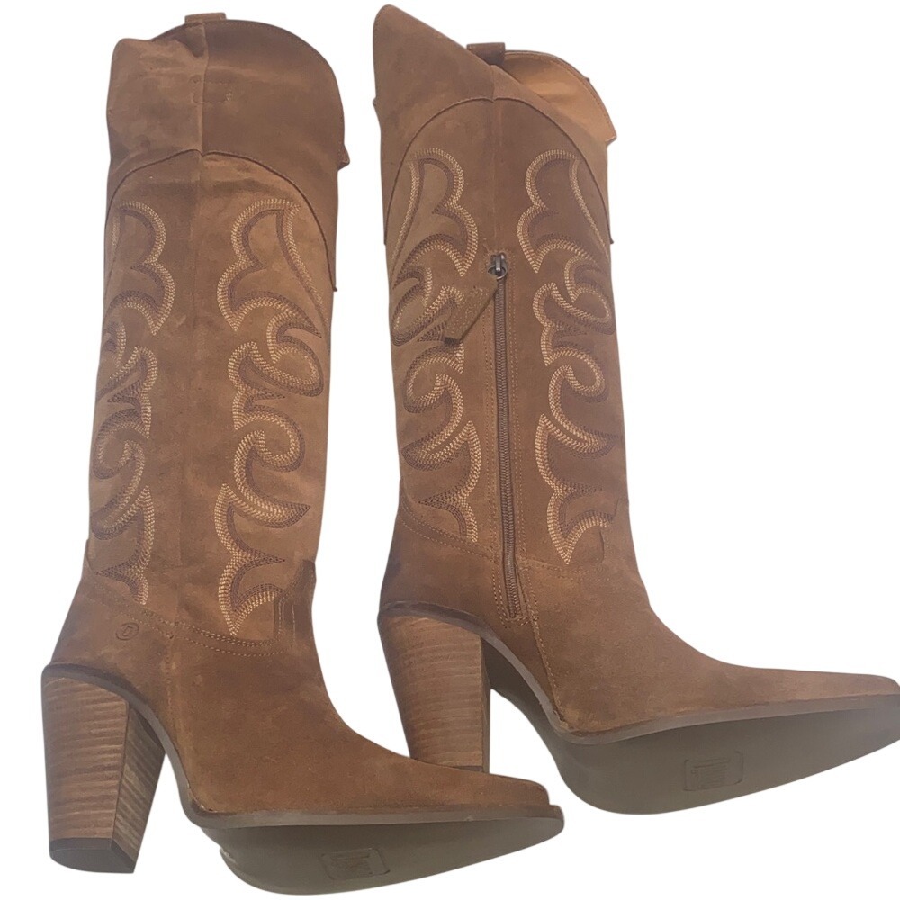 Dingo Whiskey Brown Suede Over The Knee Western Cowboy Boots‎ Pointed Toe Heel - Picture 5 of 12